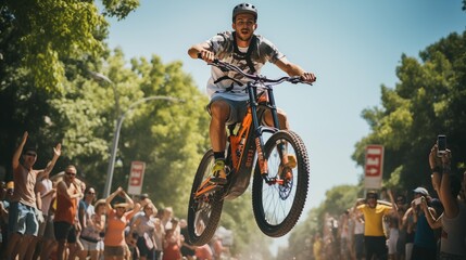 Young male cyclist jumps above urban street in race, spectators amazed by his skill