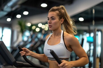 Fototapeta premium Young woman in sportswear running on a treadmill in a modern gym with blue light on the background