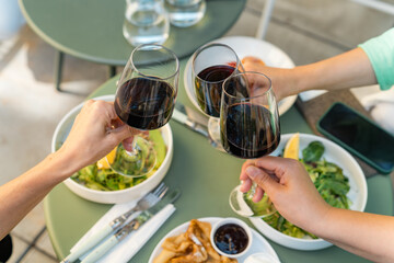 Top view of Brunch Table with people drinking wine