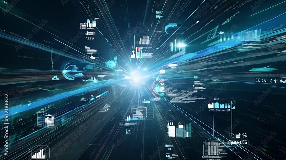 Poster experience a dynamic rush through a digital landscape filled with vibrant light trails and data grap