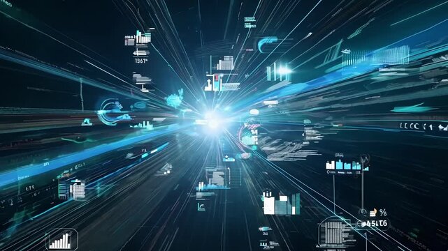 Experience a dynamic rush through a digital landscape filled with vibrant light trails and data graphics.