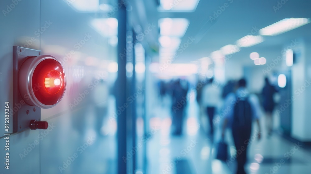 Poster A fire alarm with a bright red light and button is mounted on a wall in a bustling corridor filled with people. Generative AI