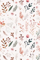 A seamless watercolor pattern showcasing Scandinavian folk art with traditional motifs in soft colors