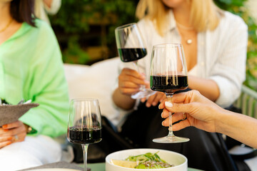 Summer party with red wine. Friends drinking wine