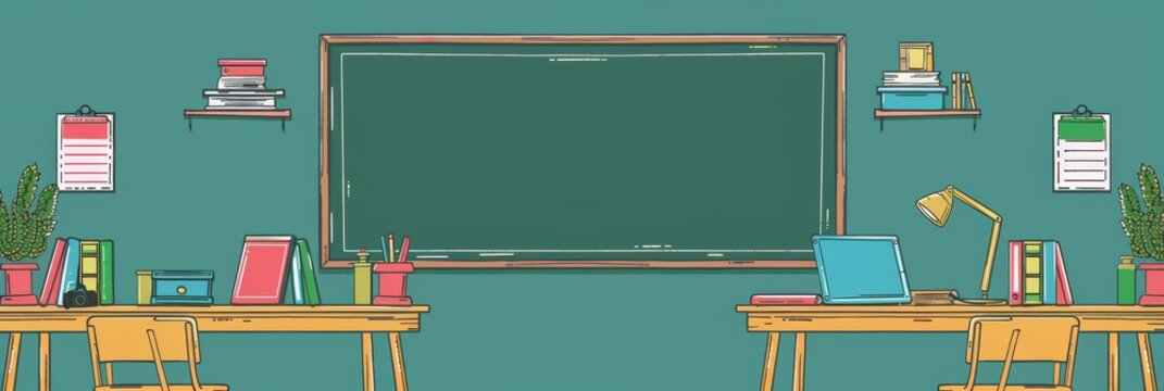Classroom Desk with Laptop and Books for Education Concept - An illustration of a classroom setting with a desk, laptop, books, and a chalkboard in the background. It symbolizes education, learning, t