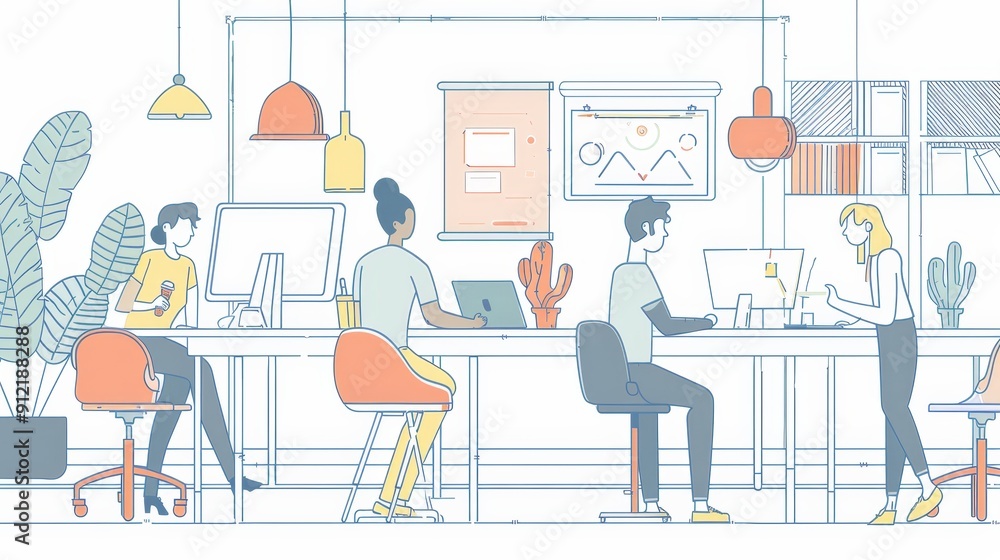 Aufkleber collaborative workspace with diverse team working on laptops and desktops - a team of four individua