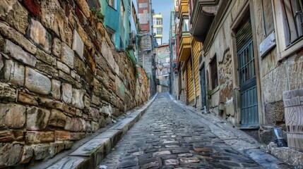 Fototapeta premium Cobblestone Street in Historic Istanbul, Turkey - A narrow, cobblestone street winds its way through the heart of Istanbul, Turkey, lined with historic buildings and ancient stone walls. The street ev