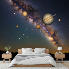 Fototapeta premium Several planets of varying sizes and colors perfectly aligned in a row, with their orbits creating a harmonious pattern against the backdrop of the Milky Way.