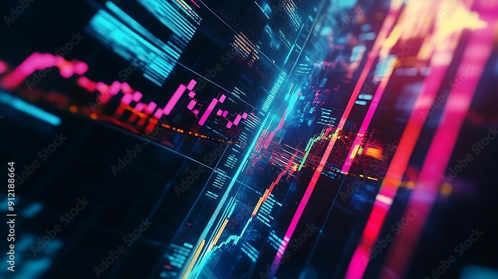 Poster abstract neon lines and data visualization 3d illustration
