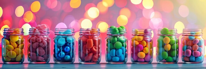 Colorful Candy Jars with Bokeh Background - Jars filled with vibrant candies in a rainbow of colors, representing joy, celebration, and sweet treats. The bokeh background creates a festive atmosphere.
