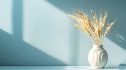 Naklejka premium Wheat Stalks in a White Vase Against a Blue Wall