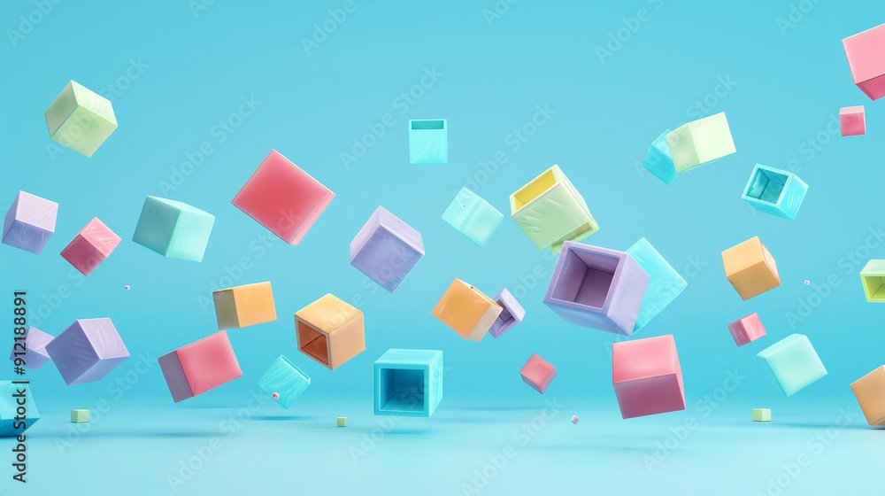 Poster colorful floating cubes on blue background - abstract geometric design - a vibrant and abstract comp