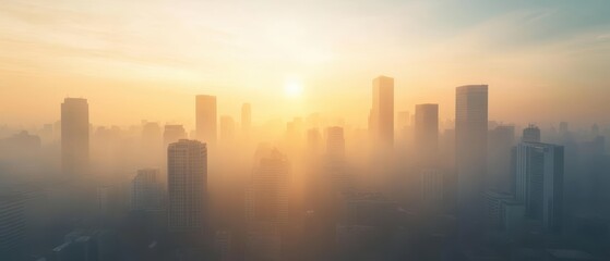 Silhouettes of skyscrapers rise above a foggy cityscape at sunrise.