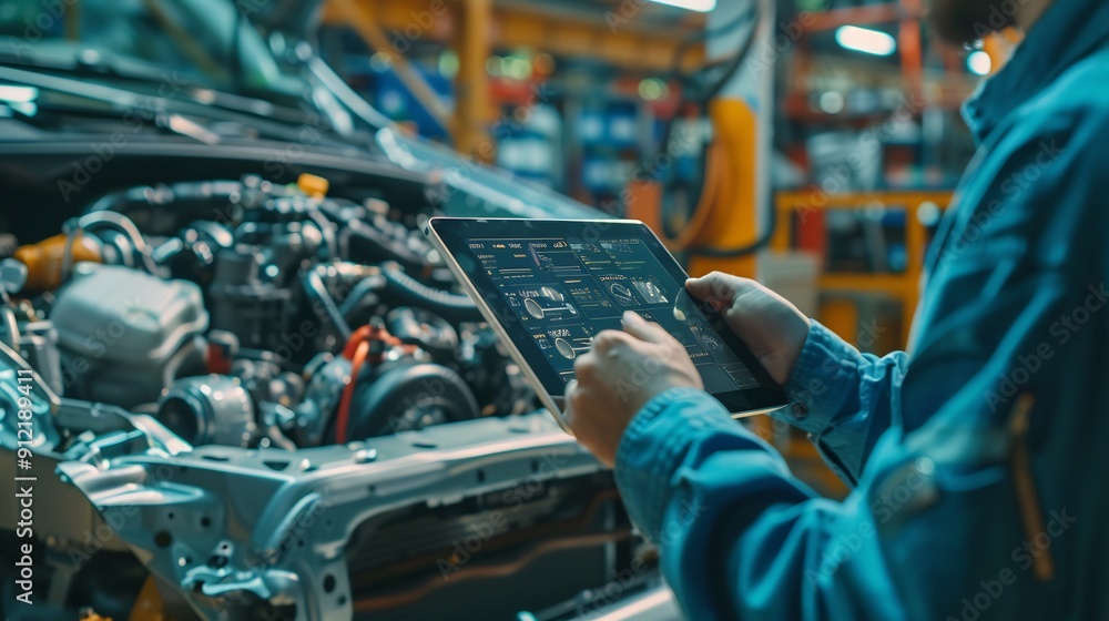 Poster car service and checking concept. car service manager or mechanic using tablet computer,
