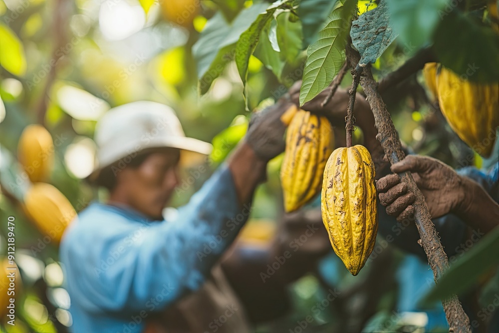 Poster closeup of cocoa pods on a branch with a farmer out of focus in the background