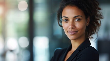 Obraz premium Confident Businesswoman Looking at Camera with a Warm Smile - A young, confident businesswoman with dark hair and a warm smile looks directly at the camera. She is wearing a black blazer and has a nat