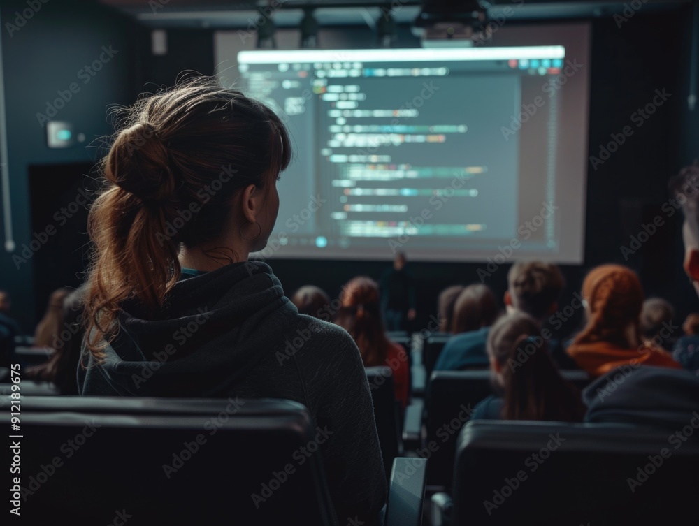 Poster a woman sits attentively in a classroom during an educational presentation on computer programming. 