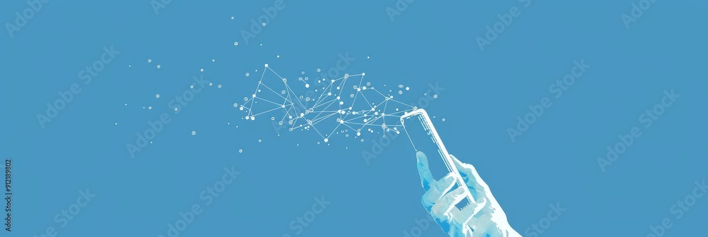 Poster connecting the world with mobile technology - a hand holds a smartphone with a network of lines and 