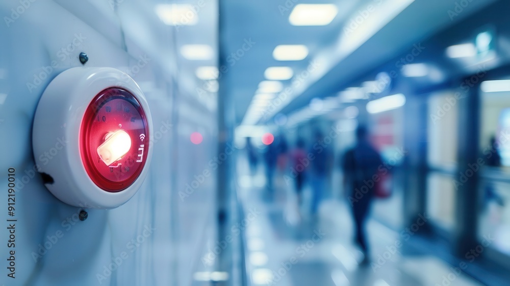 Aufkleber a bright red fire alarm lights up on a wall while people pass through a busy corridor during dayligh