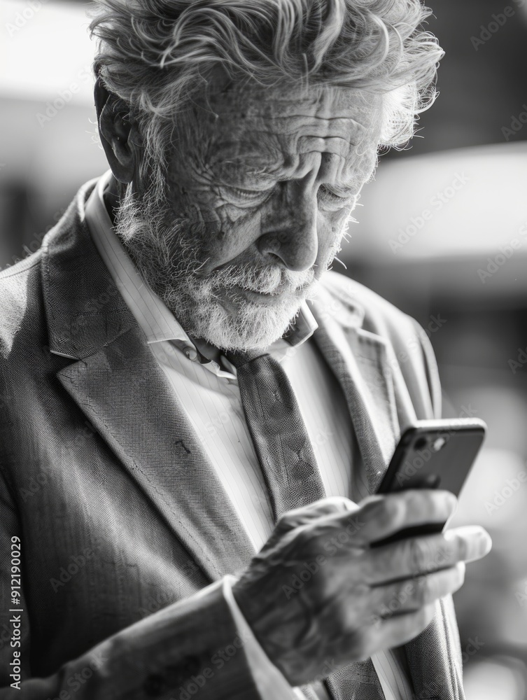 Poster an older man using a smartphone, concentrating on the screen while wearing casual attire. the image 