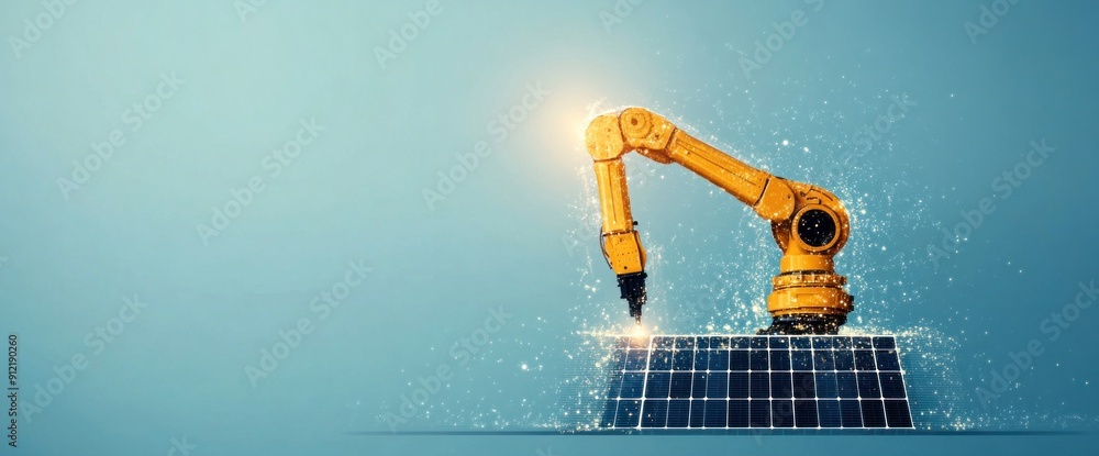 Poster abstract design of business trends and robots setting up solar panels