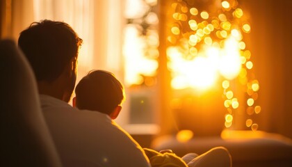 Silhouette of a father and child watching a fireplace.