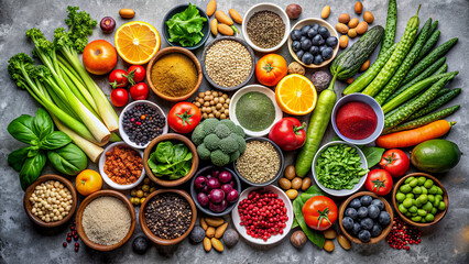 A colorful display of various fresh vegetables, fruits, and spices arranged neatly on a gray surface, showcasing diverse textures and colors