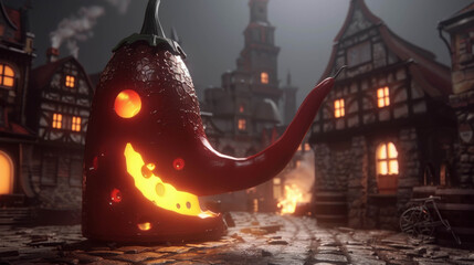 Obraz premium A slice of glowing cheese with a red chili pepper, set against a cobblestone street in a medieval village, creating a mystical ambiance. 