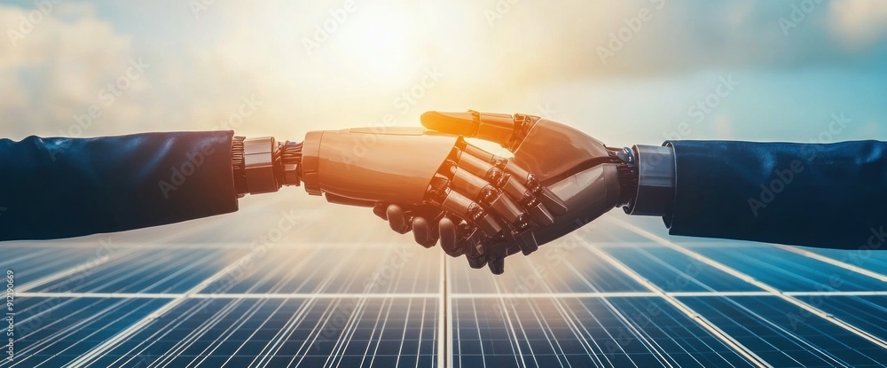 Poster abstract visualization of robots installing solar panels in business trends