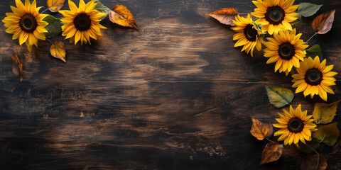 This image shows a rustic wooden background decorated with sunflowers and autumn leaves, symbolizing the charm and warmth of the autumn season in vivid colors. © Renata