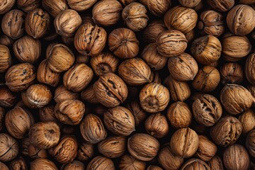 A close-up of a pile of raw, natural walnuts with their shells still intact.