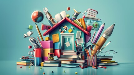 Creative Chaos: A Home Filled with Learning and Inspiration - A colorful and whimsical home filled with school supplies, representing the excitement of learning, creativity, and the endless possibilit