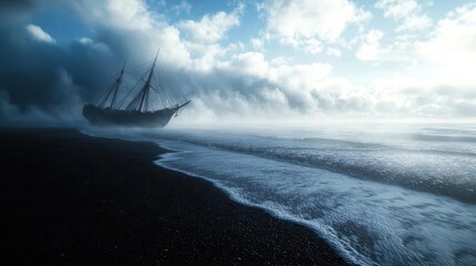 Obraz premium Silhouette of a ship on a black sand beach with crashing waves.