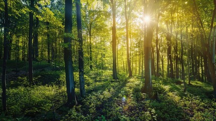 Fototapeta premium The image captures a serene scene in the woods under sunlight.