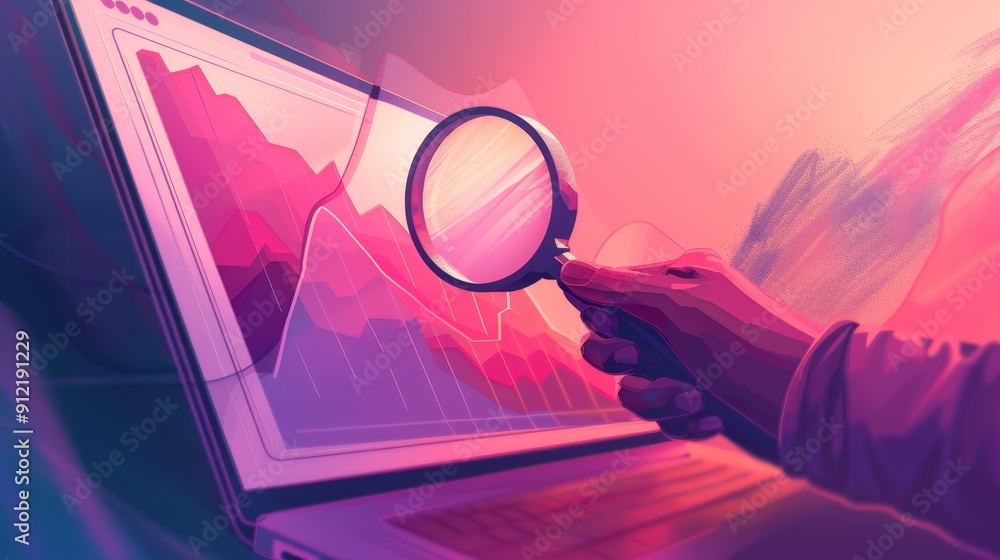 Poster data analysis and research with magnifying glass - a hand uses a magnifying glass to examine a graph