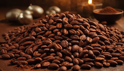 A generous mound of cocoa beans rests on a rustic table, illuminated by warm candlelight, creating a cozy and inviting atmosphere