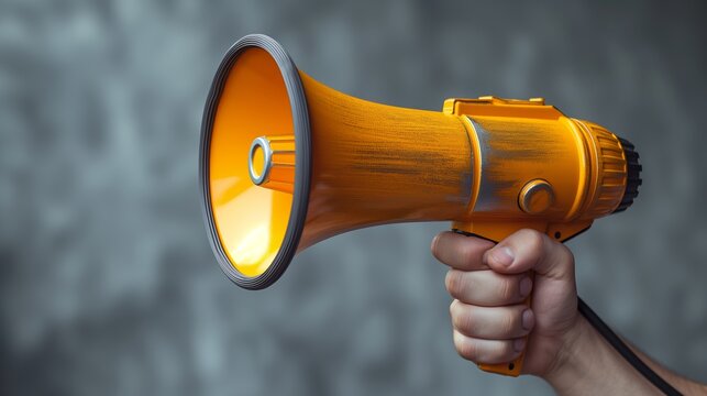 A hand gripping a bright orange loudspeaker, symbolizing the power of communication and the spread of important messages.