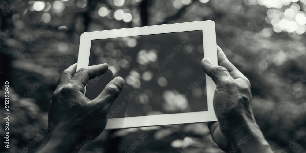 Poster hand holding ipad in a forest, showcasing the use of tablet computers in natural settings. high-tech