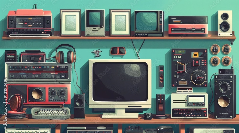 Aufkleber stylized showcasing a retro tech gadget collection arranged neatly on shelves in a modern minimalist