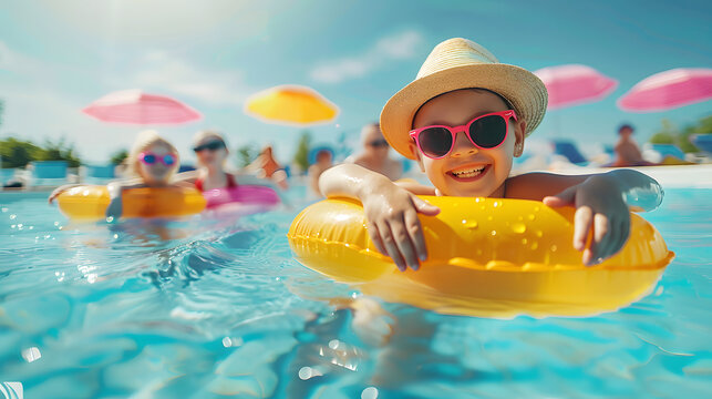 Happy, smiling children in sunglasses and hat swimming in floating rings in swimming pool. Outdoor pool under sun clear sky - Powered by Adobe
