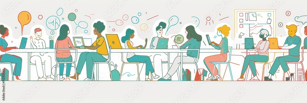 Poster diverse team brainstorming and collaboration at work - a diverse team of people working together at 