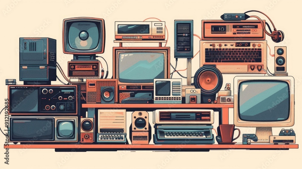 Aufkleber Retro Tech Gadgets with a Modern Twist A Visually Captivating Depicting a Collection of Nostalgic Electronics Reimagined with Contemporary Design Elements and a Vibrant Color Palette