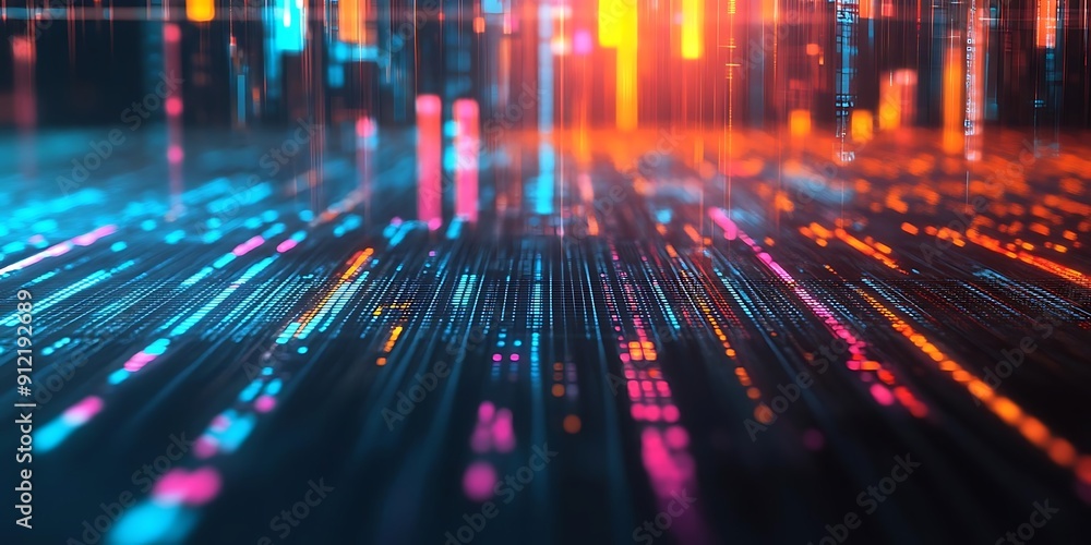 Poster abstract 3d neon light background with vivid lines and glowing dots