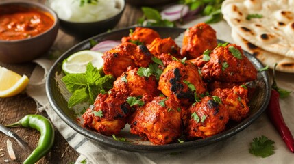 Bite-sized, flavorful tandoori chicken from an Indian cuisine, served with a side of bread and garnish.