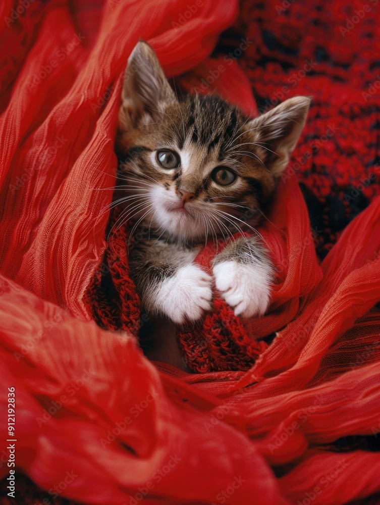 Poster This is an image of a small kitten that appears to be cuddled up and comfortable in some red fabric. The kitten's fur is fluffy