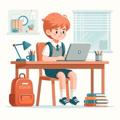 Vector illustration features a cute schoolboy seated at a desk, surrounded by books and using a laptop. This charming scene embodies the essence of modern education and academic exploration.