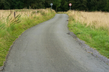 Narrow asphalt country road with speed limit signs in Germany