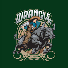 Vector Illustration of Cowboy Riding Bull with Vintage Illustration Available for Tshirt Design