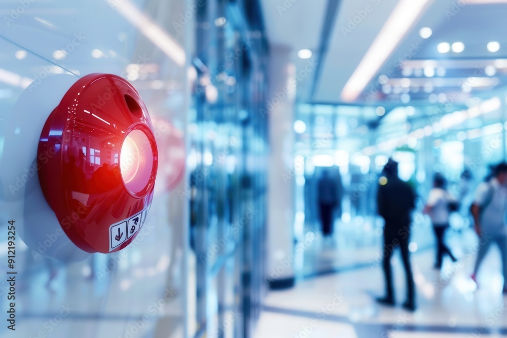 Poster A bright red fire alarm with a light and button is mounted on a wall in a bustling building lobby filled with people. Generative AI