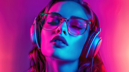 Woman Listening to Music with Headphones Under Neon Lights
